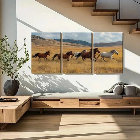 3pcs Galloping Horses In Golden Field Landscape Wall Art Set Canvas Framed 40x60cm - High Quality Print 100% Australian Made Wall Canvas Ready to Hang