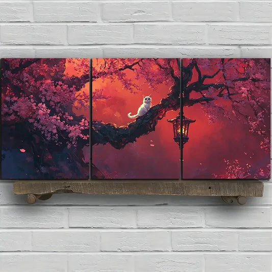 3pcs The Cat On The Cherry Blossom Tree Metal Print Ready to Hang Art