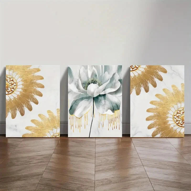 3pcs Gilt Floral Art Now Light Luxury Floral Metal Print Ready to Hang Art