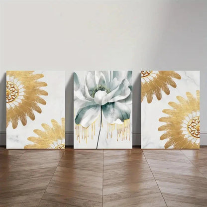 3pcs Gilt Floral Art Now Light Luxury Floral Metal Print Ready to Hang Art