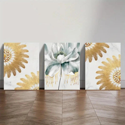 3pcs Gilt Floral Art Now Light Luxury Floral Metal Print Ready to Hang Art