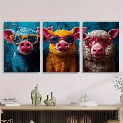 3pcs Animal Vibrant Pig Cow Sheep with Glasses Metal Print Ready to Hang Art