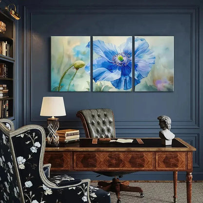 3pcs Blue Flower Art Watercolor Style Painting Metal Print Ready to Hang Art