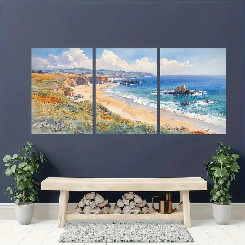 3pcs Sonoma Watercolor Coastline with Cliffs Metal Print Ready to Hang Art