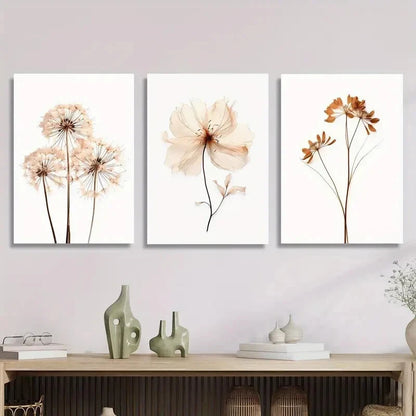 3pcs wildflower murals, neutral toned florals, Metal Print Ready to Hang Art
