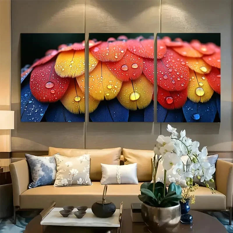 3pcs Vibrant Parrot Feathers with Rain Droplets Metal Print Ready to Hang Art