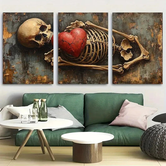 3pcs Gothic Anatomical Skeleton with Heart Metal Print Ready to Hang Art