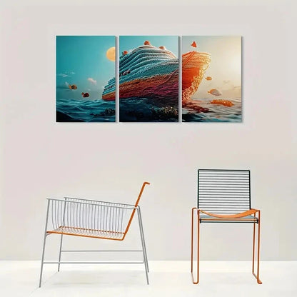3pcs Ocean Scene Knitted Ship Metal Print Ready to Hang Art