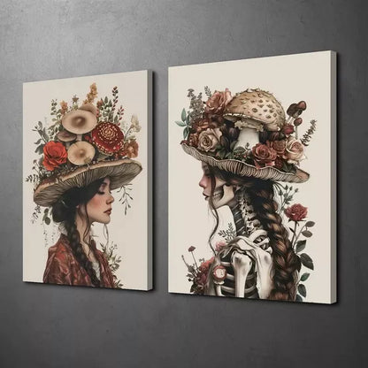 2pcs Mushrooms & Flowers, Skull, Mysterious Style, Oil Painting Canvas Framed 50x75cm - High Quality Print 100% Australian Made Wall Canvas Ready to Hang
