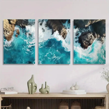 3pcs Vibrant Blue Sea Scenery with Rocks Metal Print Ready to Hang Art