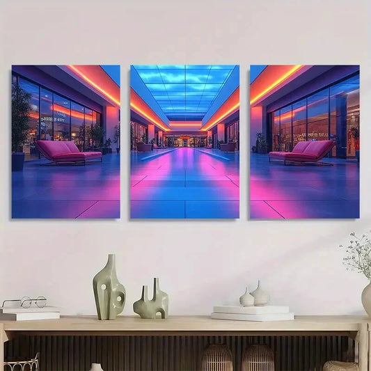 3pcs American Mall Inspired Blue Metal Print Ready to Hang Art