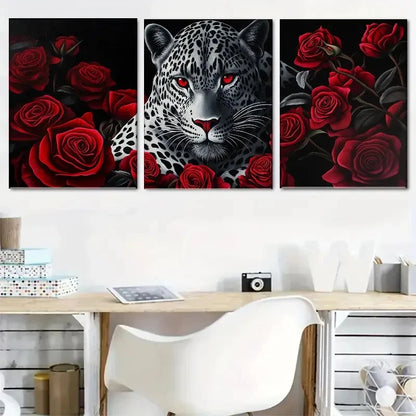 3pcs Majestic Vibrant Leopard and Red Rose Metal Print Ready to Hang Art