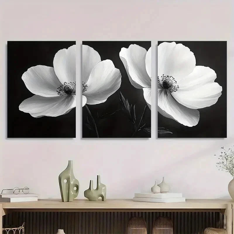 3pcs Elegant Black and White Floral Metal Print Ready to Hang Art