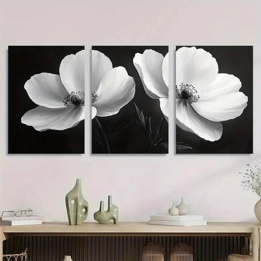 3pcs Elegant Black and White Floral Metal Print Ready to Hang Art