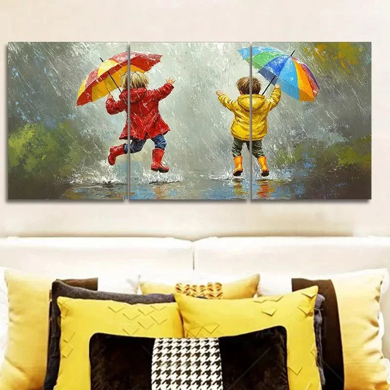 3pcs Happy Children Dancing In The Rain Art Wall Art Set Canvas Framed 60x90cm - High Quality Print 100% Australian Made Wall Canvas Ready to Hang