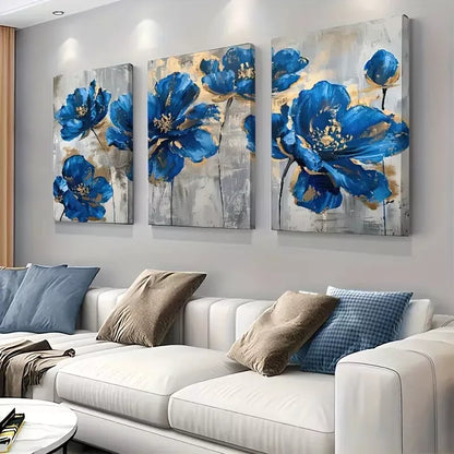3pcs Blue Flowers With Freckles Of Gold Canvas Framed 40x60cm - High Quality Print 100% Australian Made Wall Canvas Ready to Hang