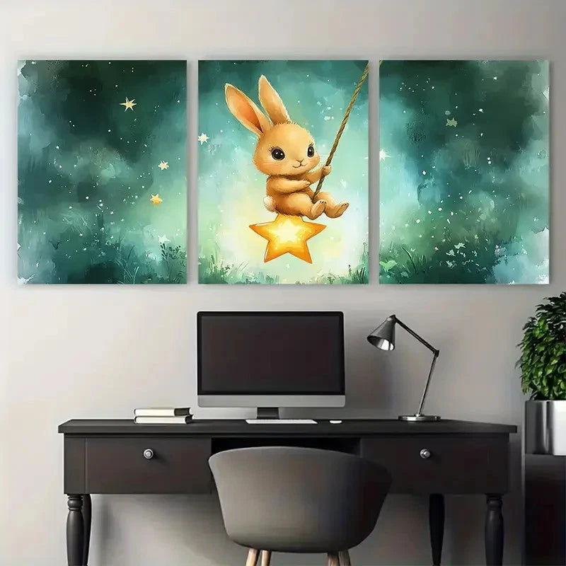 3pcs Cute Cartoon Bunny Rabbit Swinging on Star Metal Print Ready to Hang Art