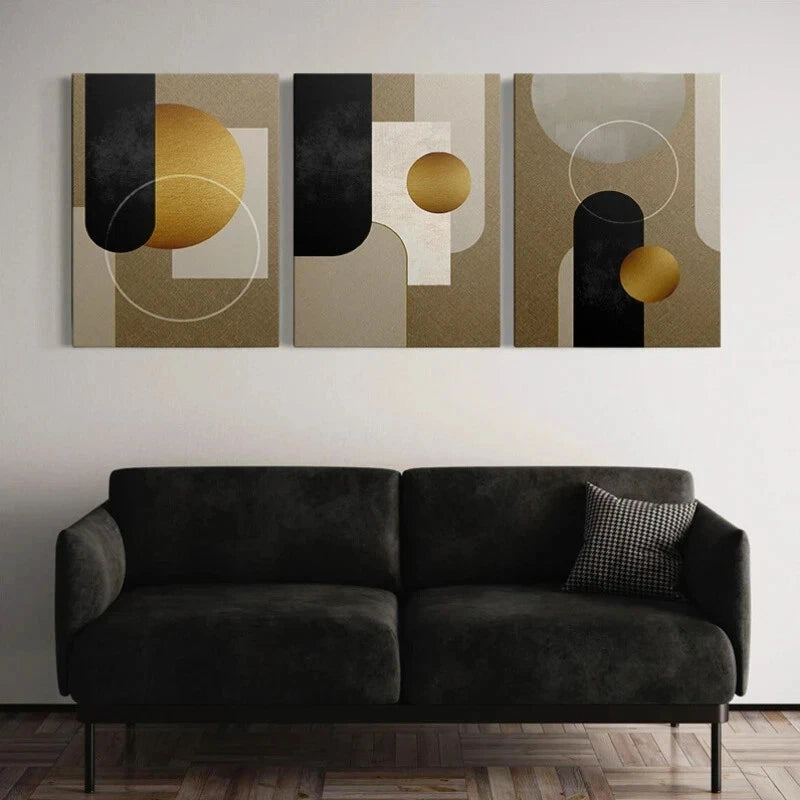 3pcs Golden Black & Orange Geometric Metal Print Ready to Hang Art