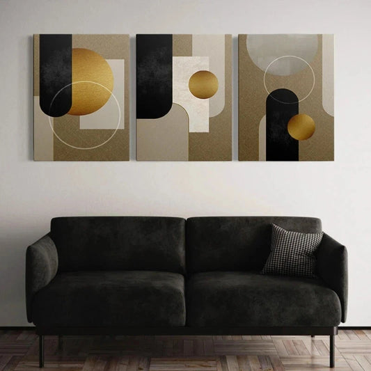 3pcs Golden Black & Orange Geometric Metal Print Ready to Hang Art