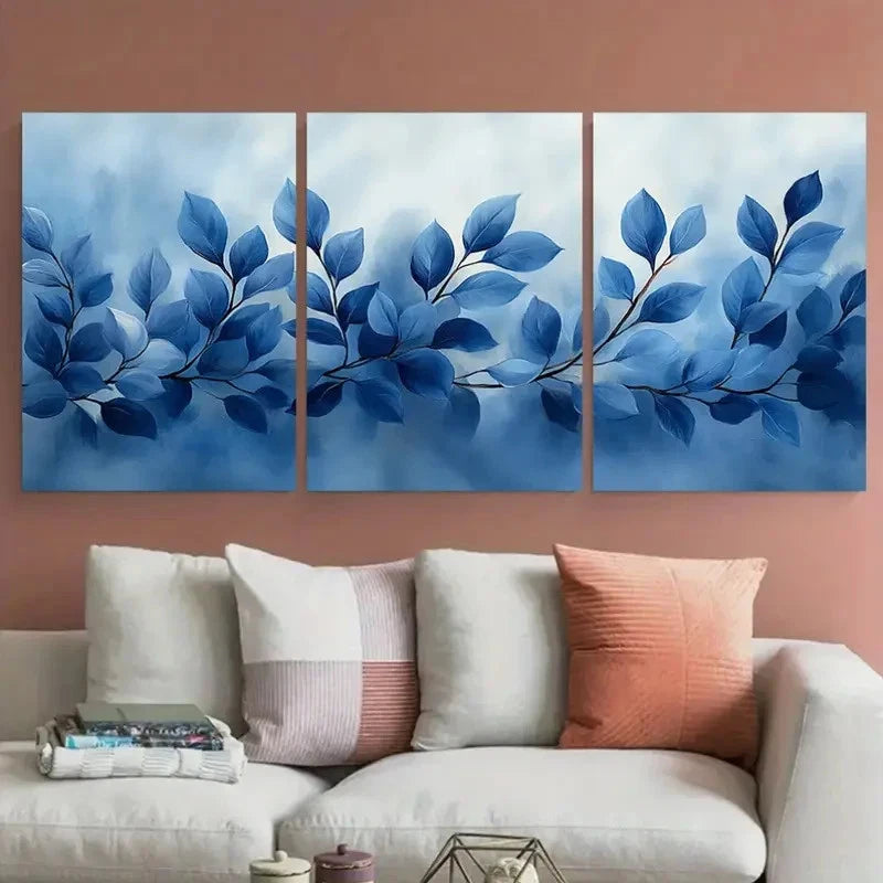3pcs Floral Foliage Cool Toned Grey Blue Design Wall Art Set Canvas Framed 40x60cm - High Quality Print 100% Australian Made Wall Canvas Ready to Hang