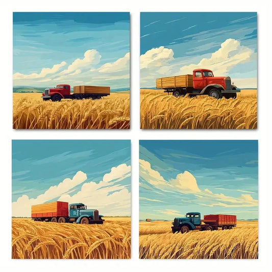 4pcsFarm Truck & Golden Wheat Field Wall Art Canvas Framed