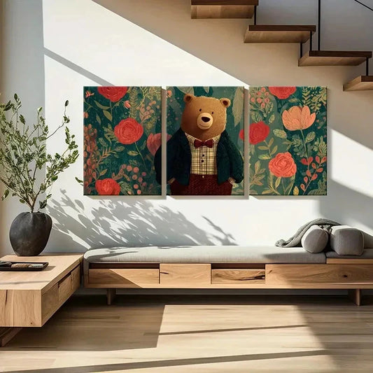 3pcs Elegant Bear In Suit Floral Background Metal Print Ready to Hang Art