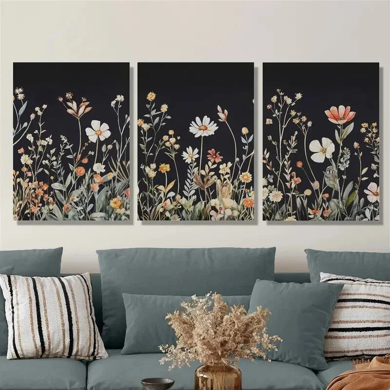 3pcs ,simple floral decorative art on black back Metal Print Ready to Hang Art
