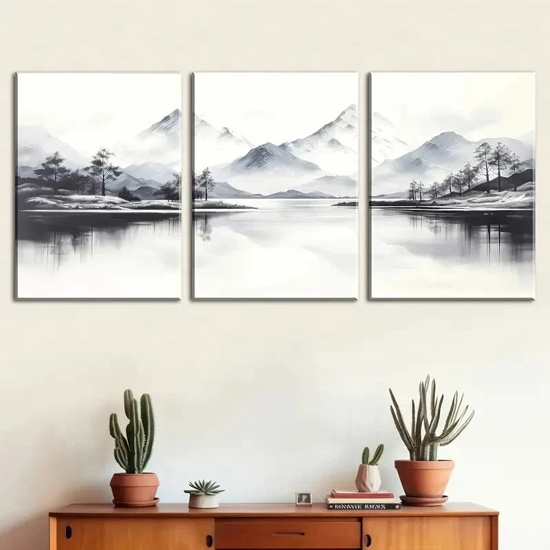 3pcs Black and White Mountain Lake Nature Metal Print Ready to Hang Art