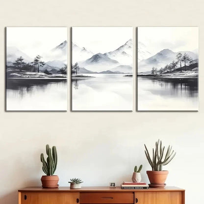 3pcs Black and White Mountain Lake Nature Metal Print Ready to Hang Art