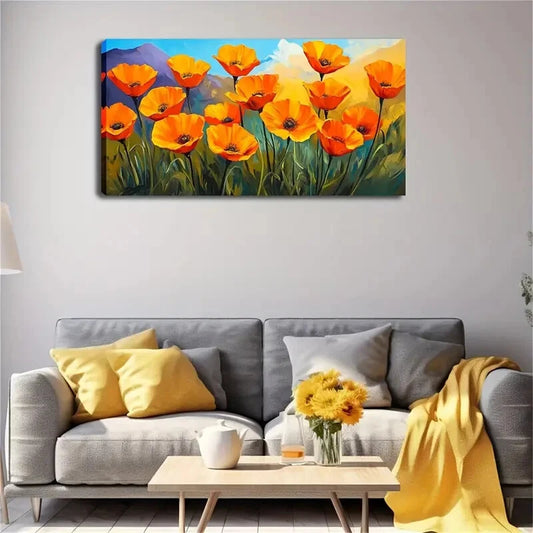 Vibrant Poppy Field Minimalist Wall Art Canvas Office Home Room Framed 120x60cm