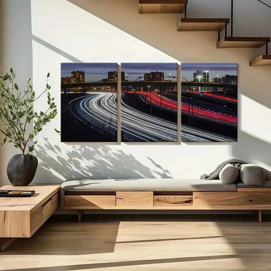 3pcs City Road Night Scene Traffic Flow Wall Art Set Canvas Framed 40x60cm - High Quality Print 100% Australian Made Wall Canvas Ready to Hang