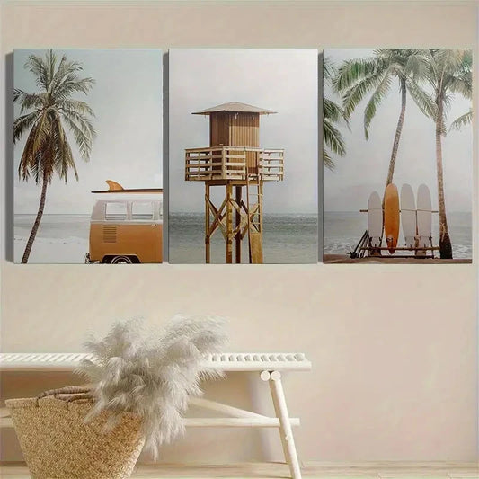 3pcs Tropical Beach Ocean & Surfboard Scene Metal Print Ready to Hang Art