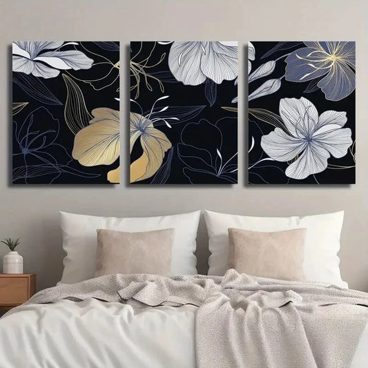 3pcs Vintage Botanical Flower Luxury Golden Blue Metal Print Ready to Hang Art
