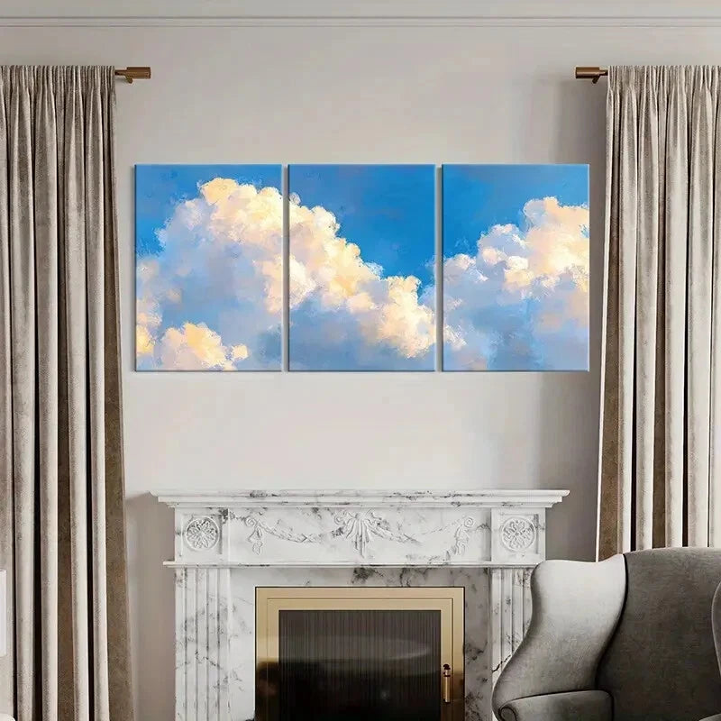 3pcs Abstract Cloudscape Art Sky Blue White Metal Print Ready to Hang Art
