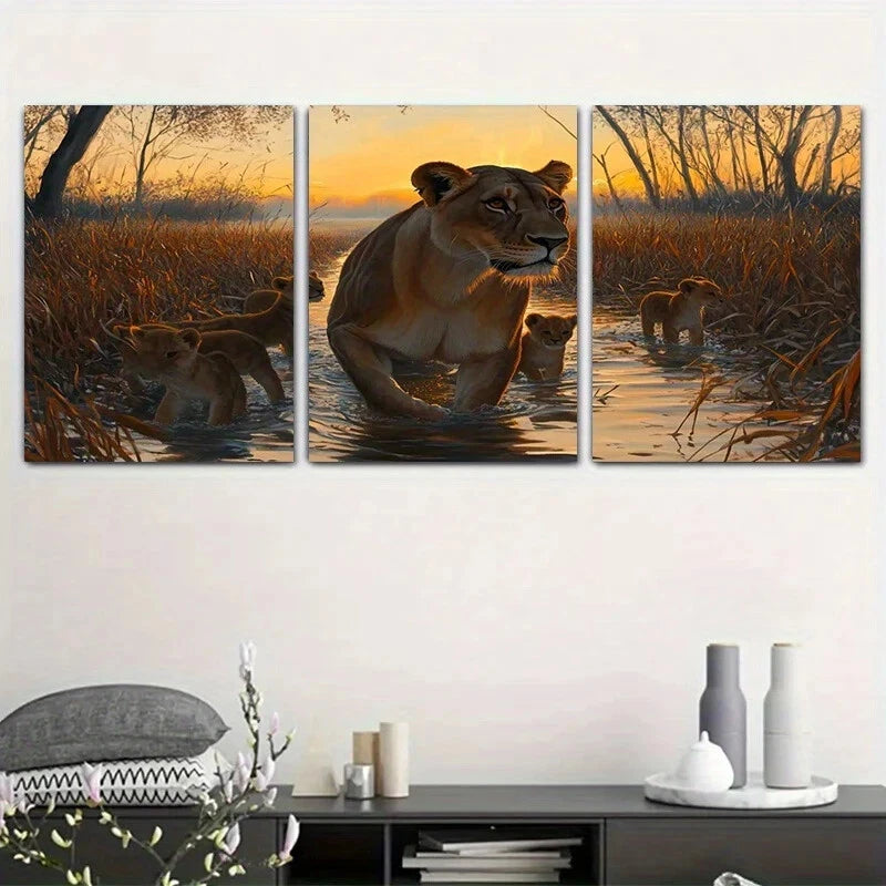 3pcs Sunset Grassland on Lion River Nature Metal Print Ready to Hang Art