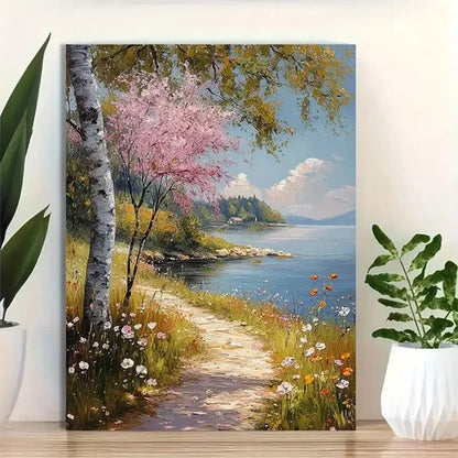 Beautiful Abstract Lakeside Wildflower Painting 60x90cm Metal Print Ready to Hang