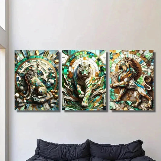 3pcs Tiger, Lion, Wolf in Abstract Woodland Metal Print Ready to Hang Art