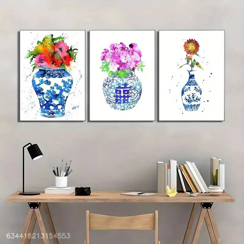 3pcs Blue and White Porcelain Floral Decoration Metal Print Ready to Hang Art