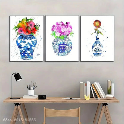 3pcs Blue and White Porcelain Floral Decoration Metal Print Ready to Hang Art