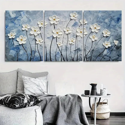 3pcs Textured White Flower Blue Background Metal Print Ready to Hang Art