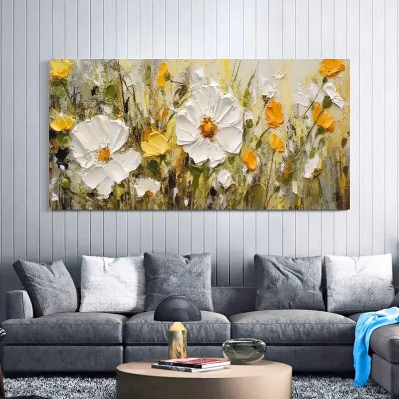 White and Yellow Flowers wall canvas office home room framed 120x60cm - Bella Home Decor