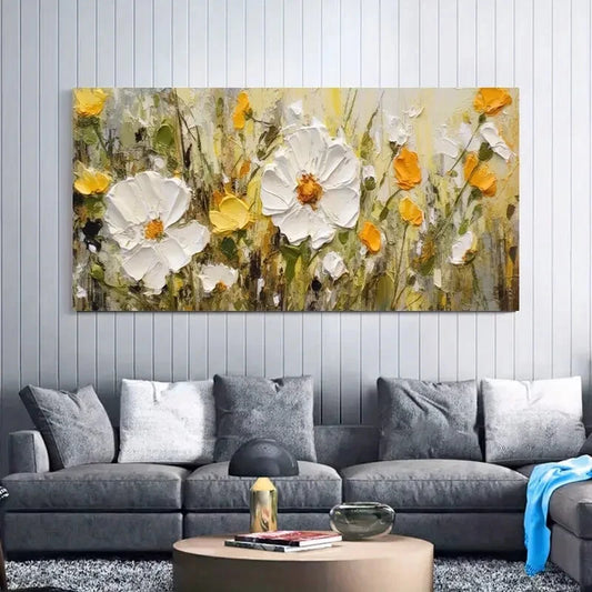 White and Yellow Flowers wall canvas office home room framed 120x60cm