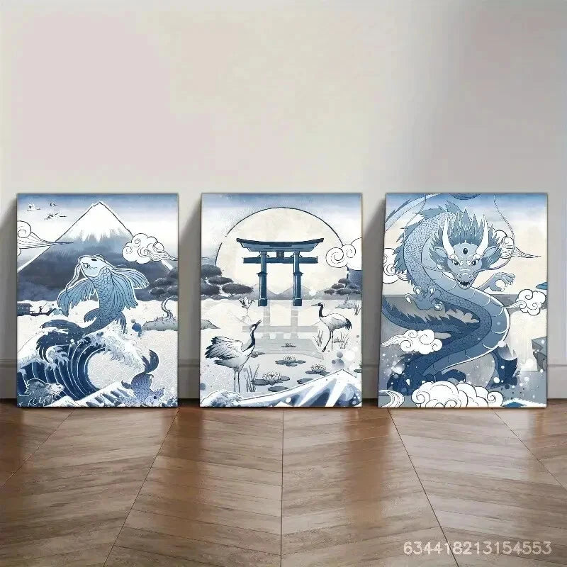 3pcs Ocean Waves Fish Cranes Dragons Animal Metal Print Ready to Hang Art