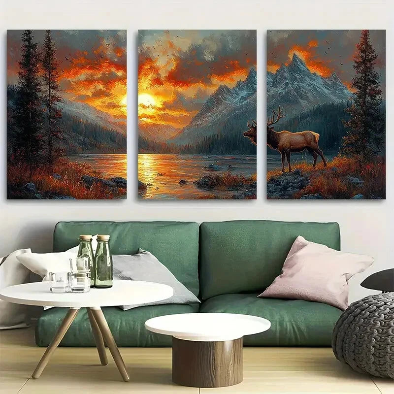 3pcs Majestic Bugling Elk in Sunset Mountain Scene Metal Print Ready to Hang Art