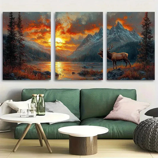 3pcs Majestic Bugling Elk in Sunset Mountain Scene Metal Print Ready to Hang Art