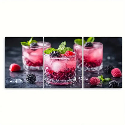 3pcs Fresh Berry Cocktail with Raspberry and Ice Wall Art Set Canvas Framed 50x70cm - High Quality Print 100% Australian Made Wall Canvas Ready to Hang
