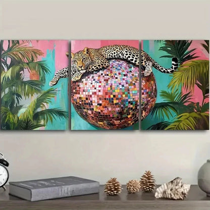 3pcs Leopard on a Disco Ball Painting Metal Print Ready to Hang Art