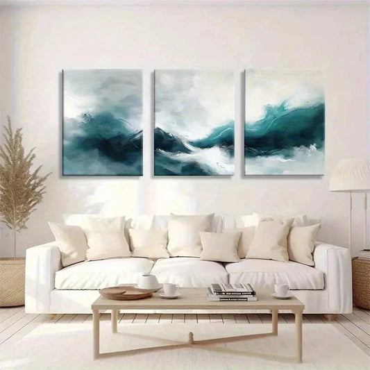 3pcs Teal And White Seascape Abstract Wall Art Set Canvas Framed 60x90cm - High Quality Print 100% Australian Made Wall Canvas Ready to Hang