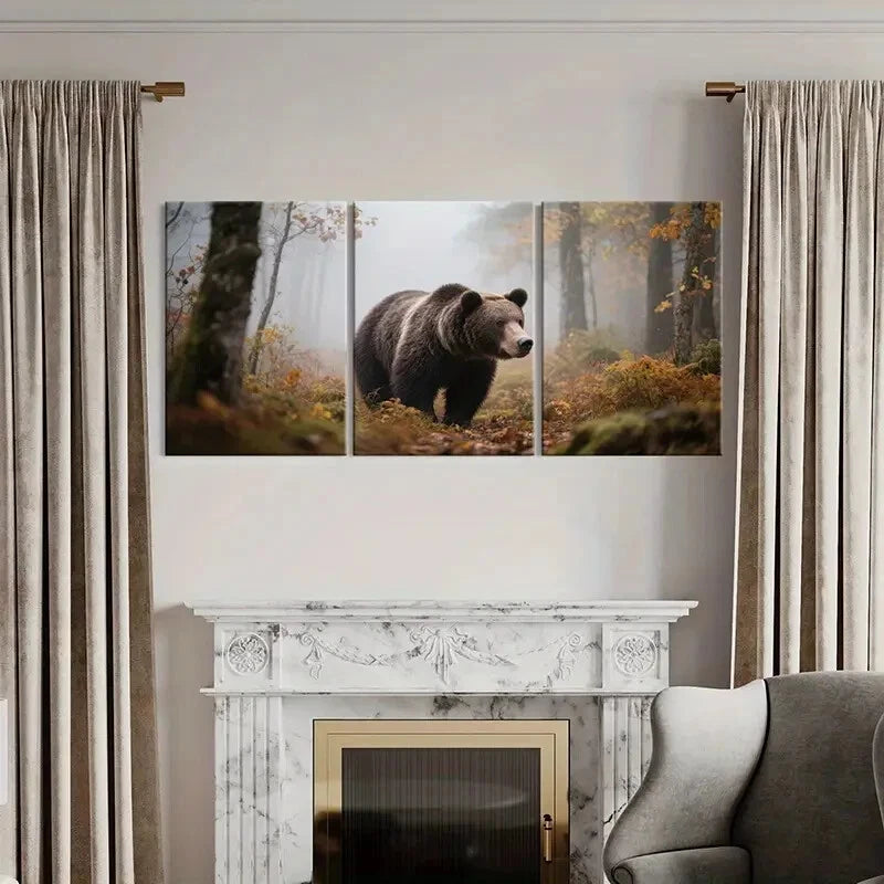 3pcs Forest Bear Art Wildlife Decor Autumn Scene Metal Print Ready to Hang Art