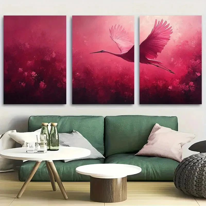 3pcs Crane Flight in pink abstract hues Metal Print Ready to Hang Art